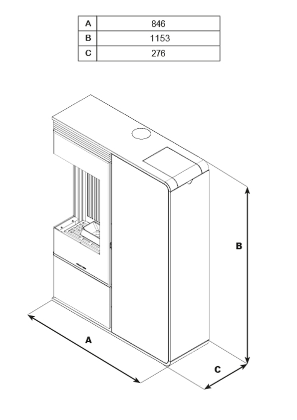 Poêle à granulés DORY ANGOLO - CONCENTRIQUE - Acier Noir - 9 kW - Schéma de côtes