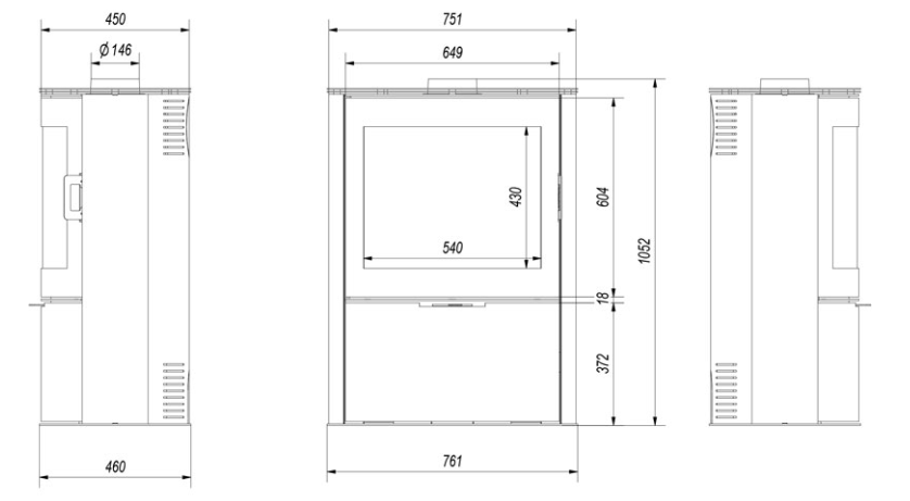 Poêle à bois FLORENCE - Acier Noir - 5,5 kW - Schéma de côtes