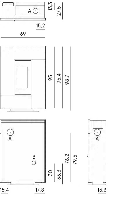 Poêle à granulés GRACE 7 - Acier Anthracite - 7 kW - Schéma de côtes