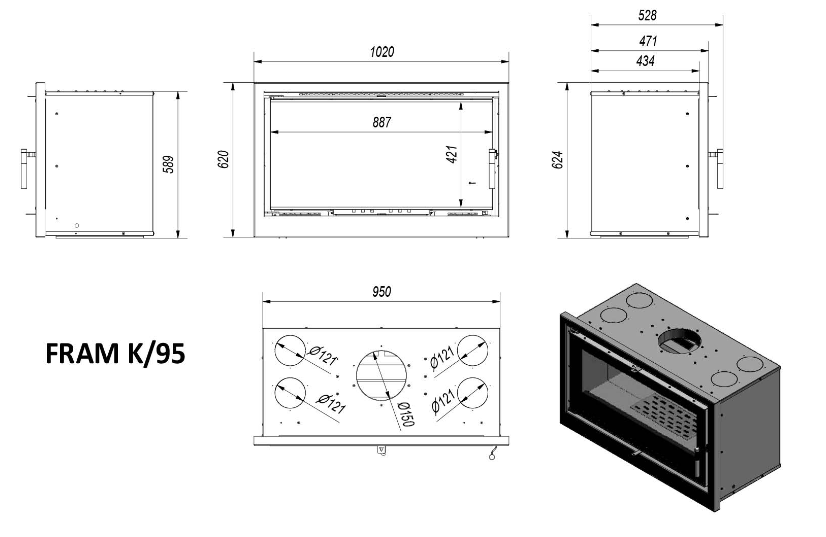 Insert à bois K95 - Acier Noir - 14 kW - Schéma de côtes