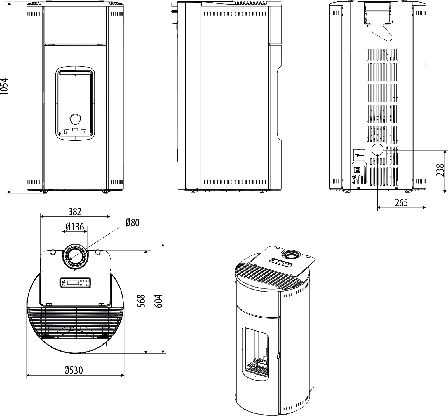 Poêle à granulés KUNAL XUP - Acier Noir - 6 kW - Schéma de côtes