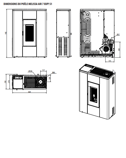 Poêle à granulés MELISSA AIR XUP S1 - Acier Bordeaux - 7 kW - Schéma de côtes