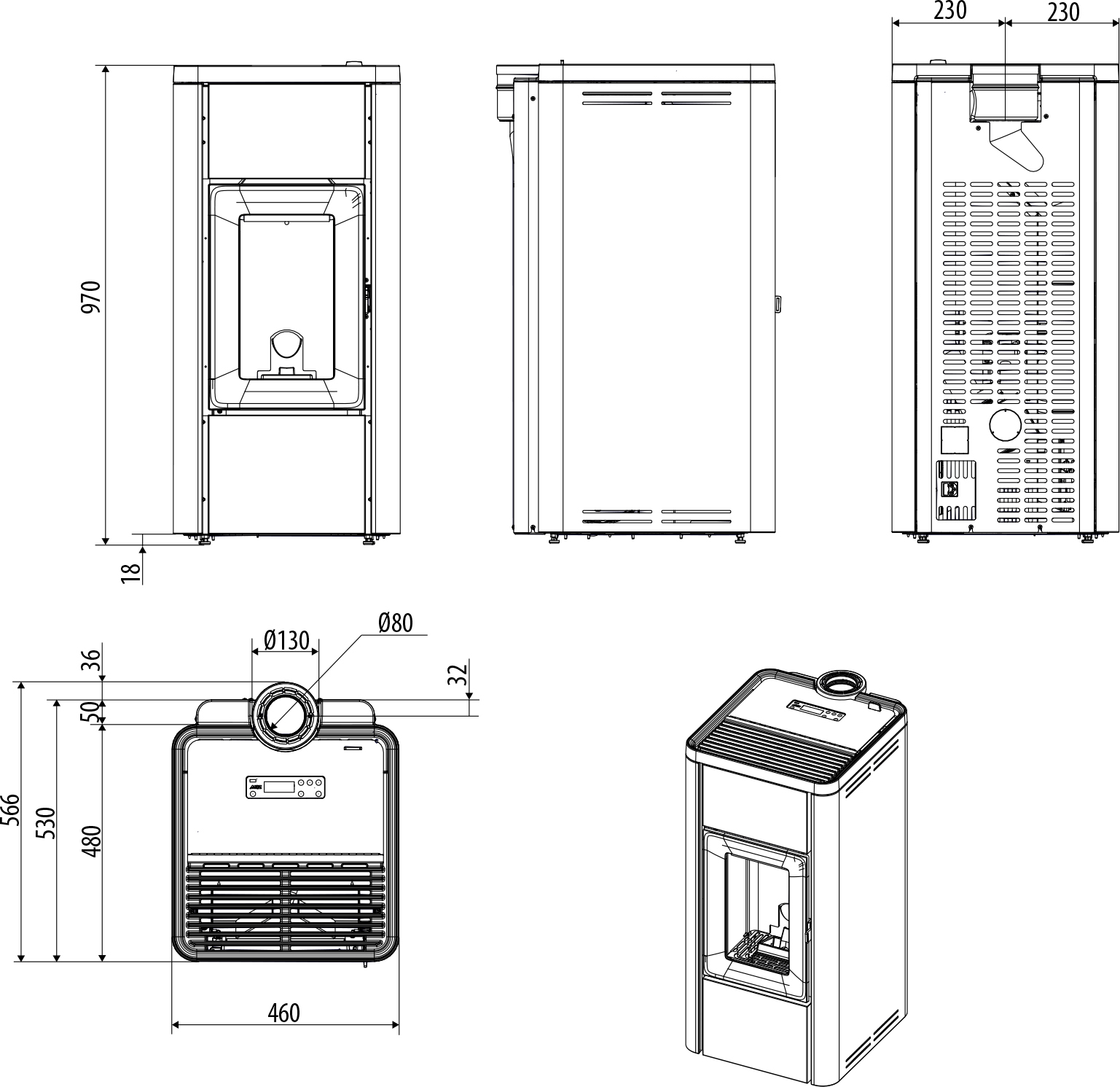 Poêle à granulés REN AIR UP/XUP - Acier Silver - 6 kW - Schéma de côtes