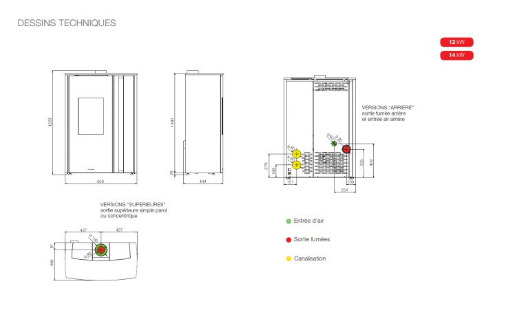 Poêle à granulés TAKUMI - SORTIE SUP CON - Pierre Ollaire - 12KW - Schéma de côtes