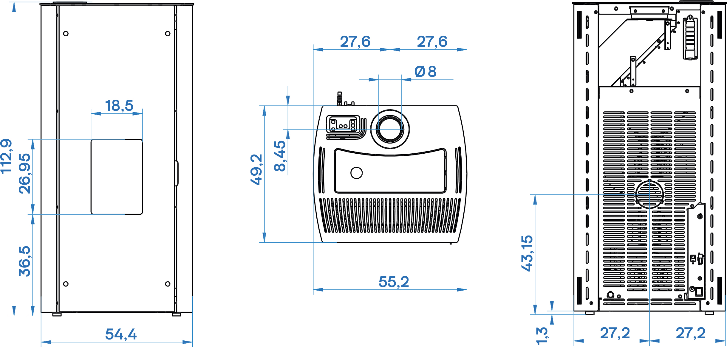 Poêle à granulés TOE E 6 US - Acier Blanc - 6,1 kW - Schéma de côtes